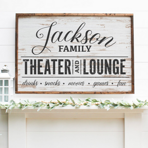 Theater and Lounge Sign — Wood Plank Textured Background Print on Canvas