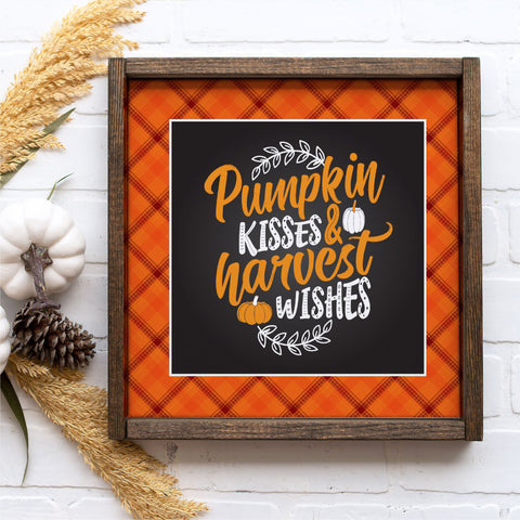 Pumpkin Kisses & Harvest Wishes Plaid Framed Canvas Print, Many Sizes, Colors and Stain Options, Custom Framed, FREE SHIPPING