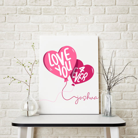 Love You 4Ever Personalized Balloon Illustration, Canvas Print, Couples Gift, Valentines Day Gift, Customizable Background + Stain Options