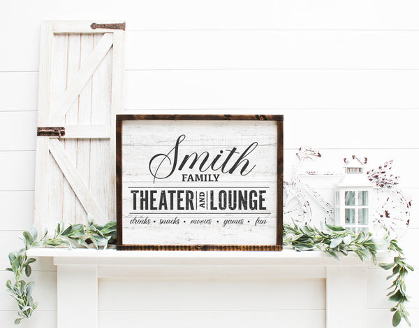 Personalized Theater and Lounge Sign, White Wood Textured Background, Framed Canvas Print, Wall Decor, Multiple Stain Options, FREE SHIPPING